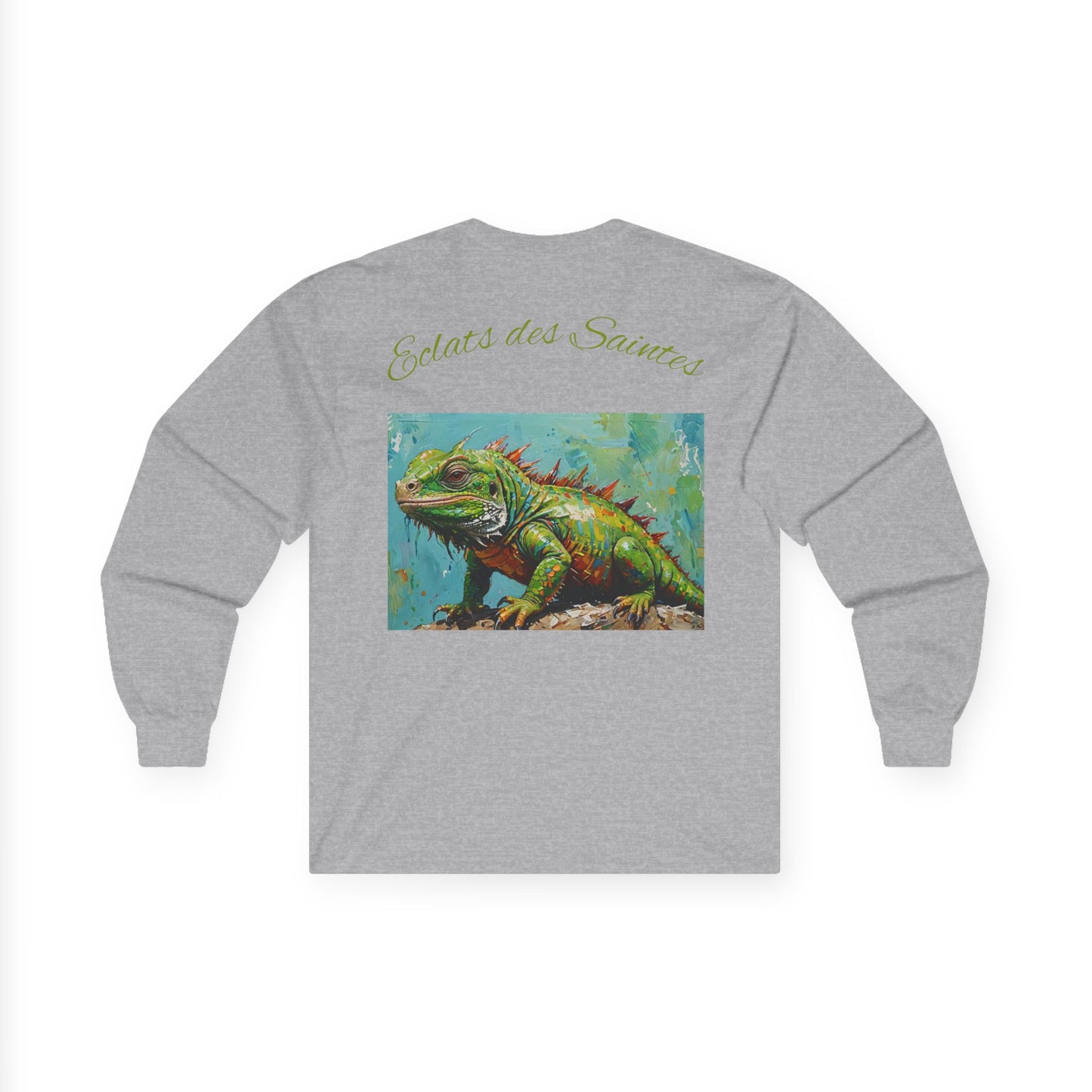 iguana shirt, wildlife apparel, unisex long sleeve tee, eco-friendly t-shirt, nature lover gift, iguana art clothing, animal print shirt, sustainable fashion, unique nature tee
